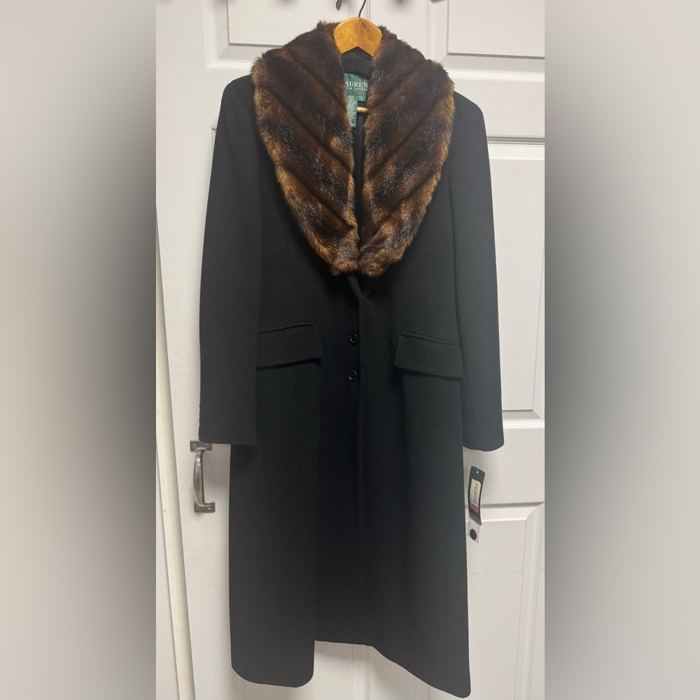Ralph Lauren Black Wool Coat with Faux Fur  Collar- Size M, NWT